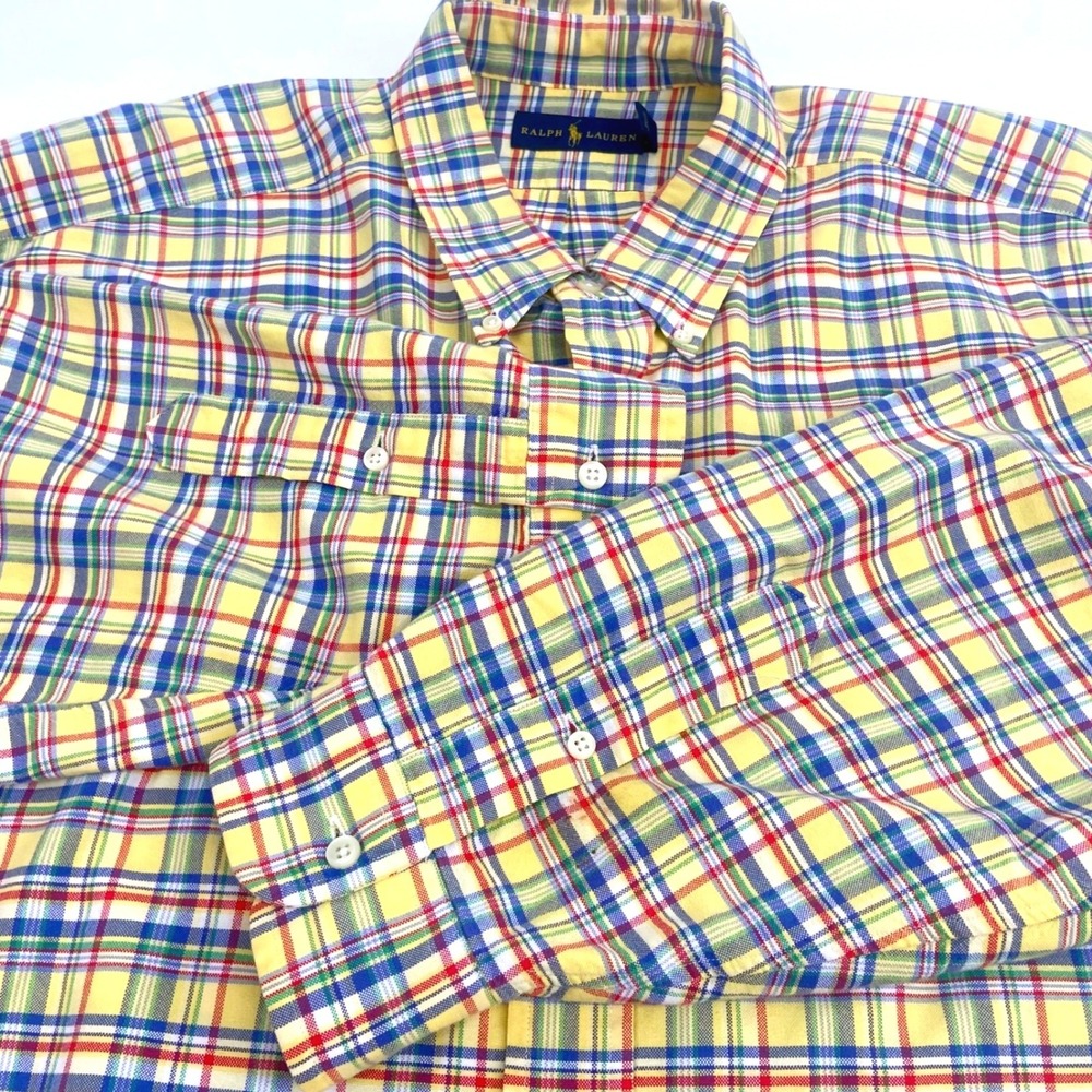 Ralph Lauren 2XB Big & Tall Yellow‎ Plaid Cotton Button Down Shirt Long Sleeve